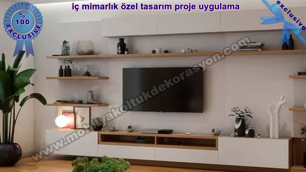 Duvar Tv Ünitesi Raflı Modern Özel Ölçü Lüks Tv Ünitesi